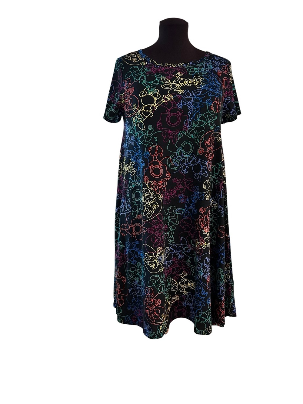LuLaRoe Disney Carly Dress S Minnie Mouse Scribble Black Multi Bright New 6-8
